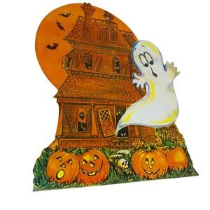 Vintage Halloween Cardboard Cutout: Ghost Haunted House & Jack-o'-Lanterns